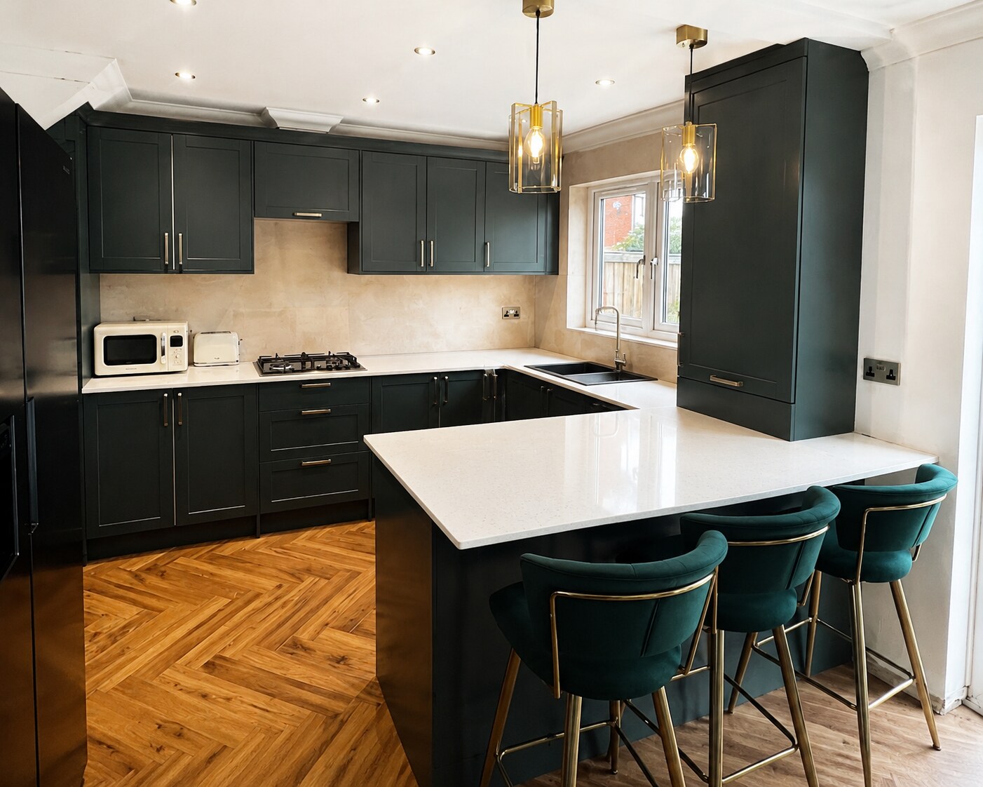 Completed dark green kitchen refurbishment by Simple Work Solutions